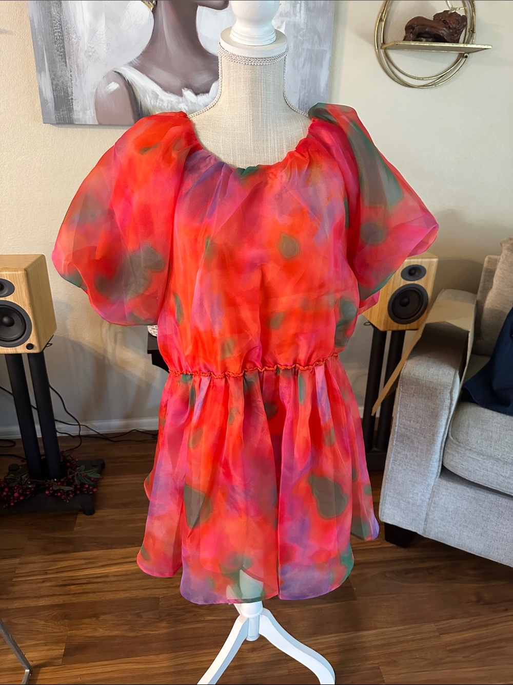 Junior XL Coral Pink Watercolor Puff-Sleeve Chiffon Dress